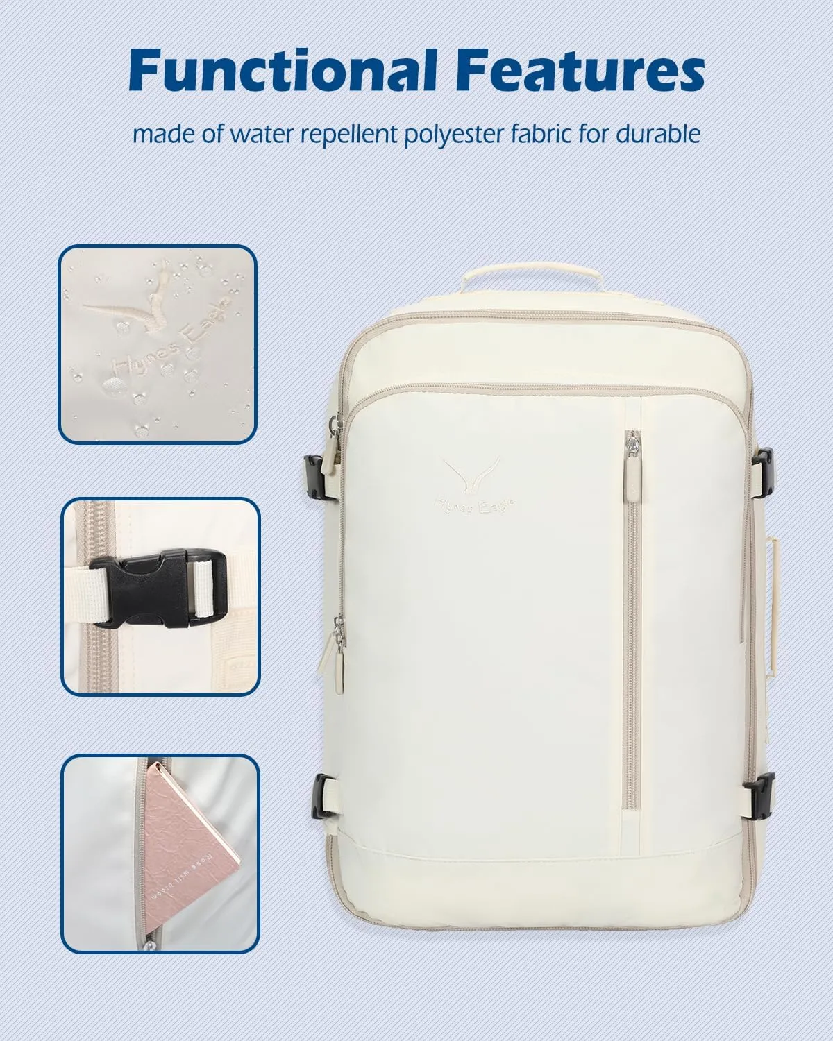 Hynes Eagle Carry on Backpack 38L Large Travel Backpack for Women Flight Approved Weekender Bag Laptop Backpack Men 15 inches Beige