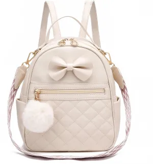 I IHAYNER Cute Little Backpack Purse with Bow Mini Backpack for Girls Teen Vegan Leather Pom Backpack Shoulder Bag for Women Pure Beige