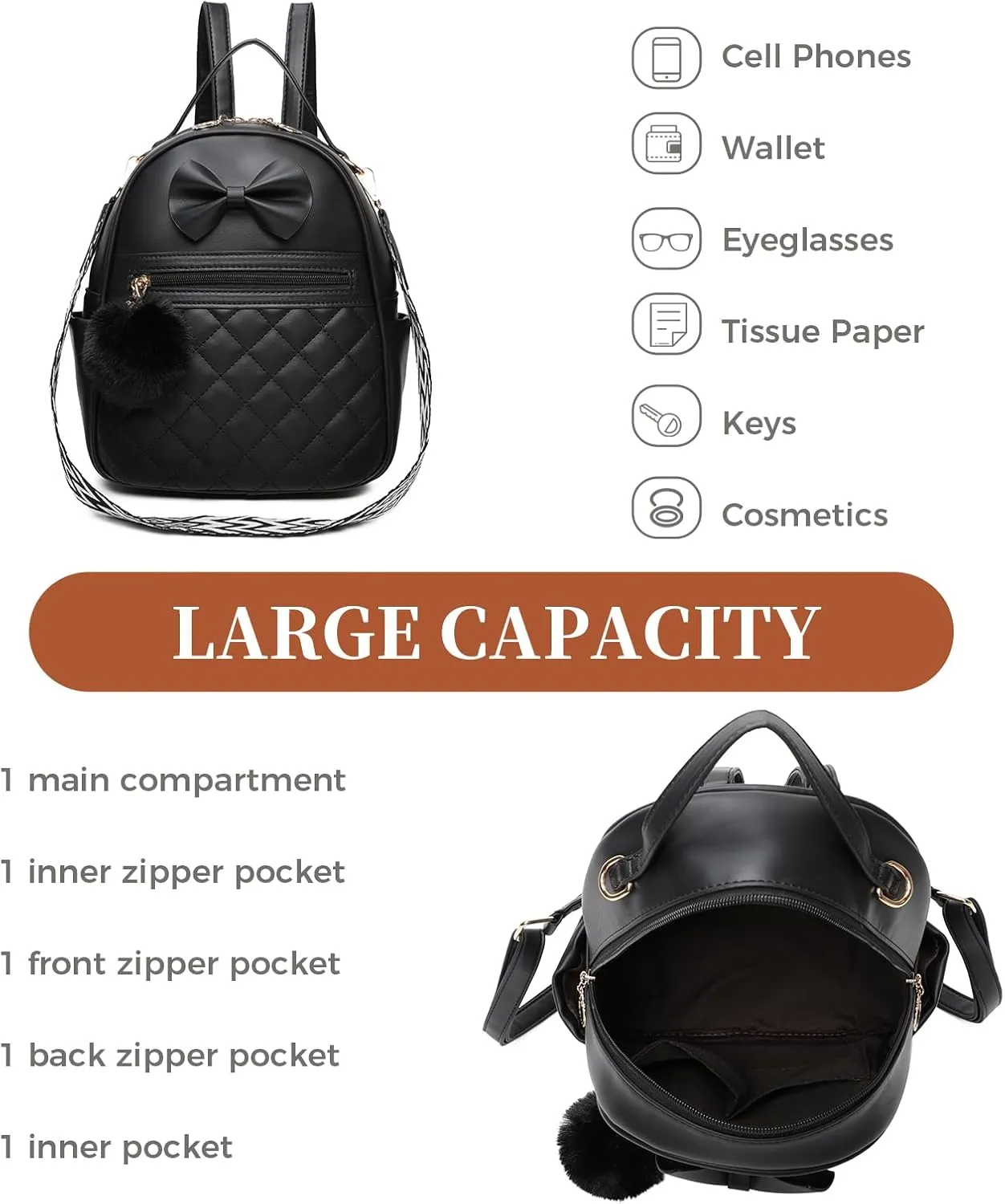 I IHAYNER Cute Little Backpack Purse with Bow Mini Backpack for Girls Teen Vegan Leather Pom Backpack Shoulder Bag for Women Pure Beige
