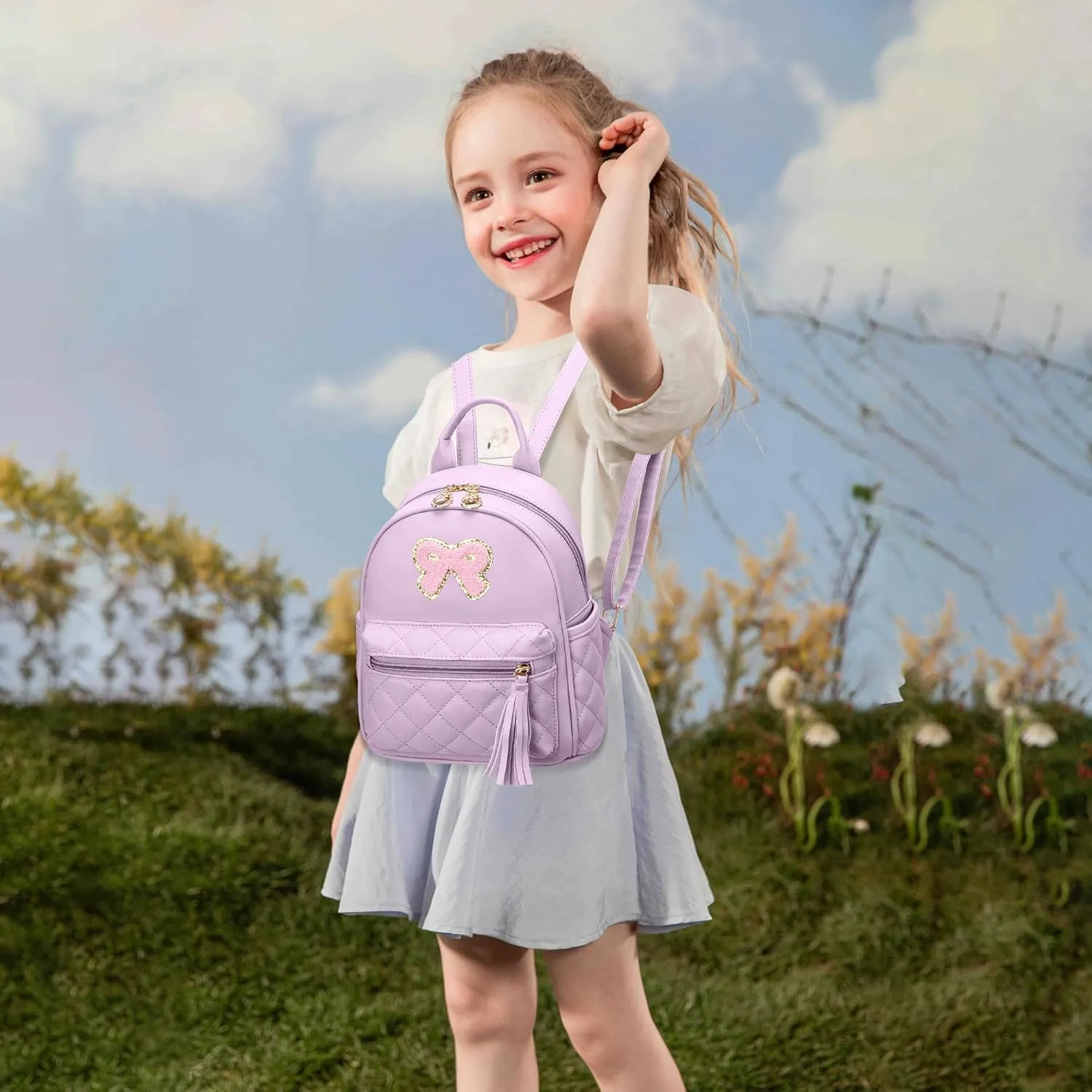 I IHAYNER Girls Bowknot Cute Leather Backpack Mini Backpack Purse for Women Small Bookbag Travel Daypacks with Charm Tassel Purple