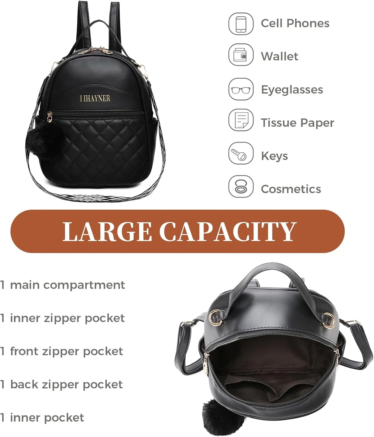 I IHAYNER Girls Fashion Backpack Purse Small Cute Mini Backpack for Girls Teen Vegan Leather Women Pom Backpack Shoulder Bag Black-1