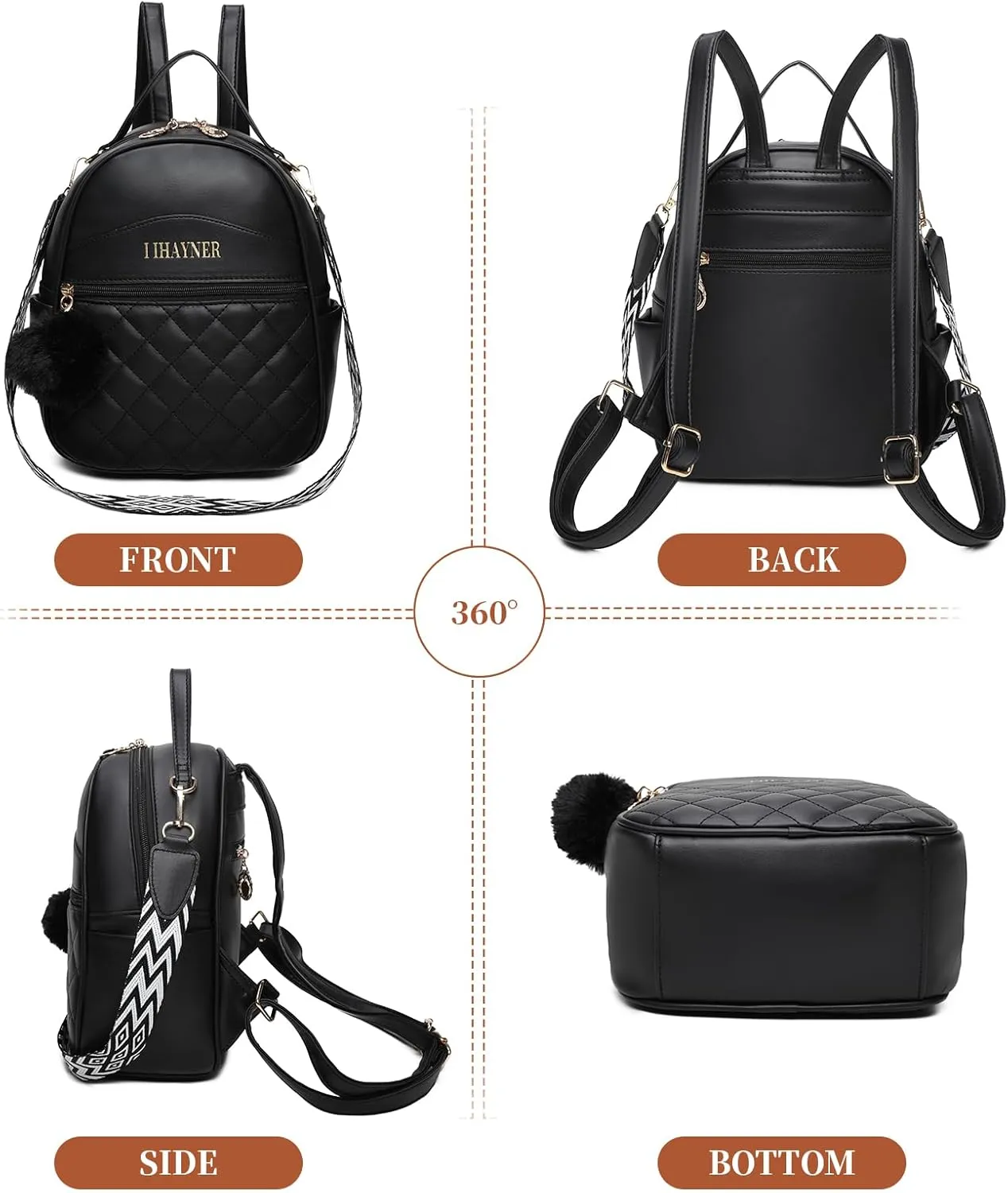 I IHAYNER Girls Fashion Backpack Purse Small Cute Mini Backpack for Girls Teen Vegan Leather Women Pom Backpack Shoulder Bag Black-1