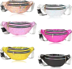 Ibeauti 6 Pcs Neon Fanny Packs Fashion Waist Bags with Adjustable Strap 2 Pouches, Men Women Waterproof Belt Bum Bag for Casual Travel Outdoor 80s Party (Holographic)