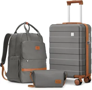 imiomo Hard Shell 20 Inch Carry on Luggage 3 Piece Set with Travel Backpack, Lightweight Hardside Carry-On Suitcase with Spinner Wheels and TSA Lock, Grey