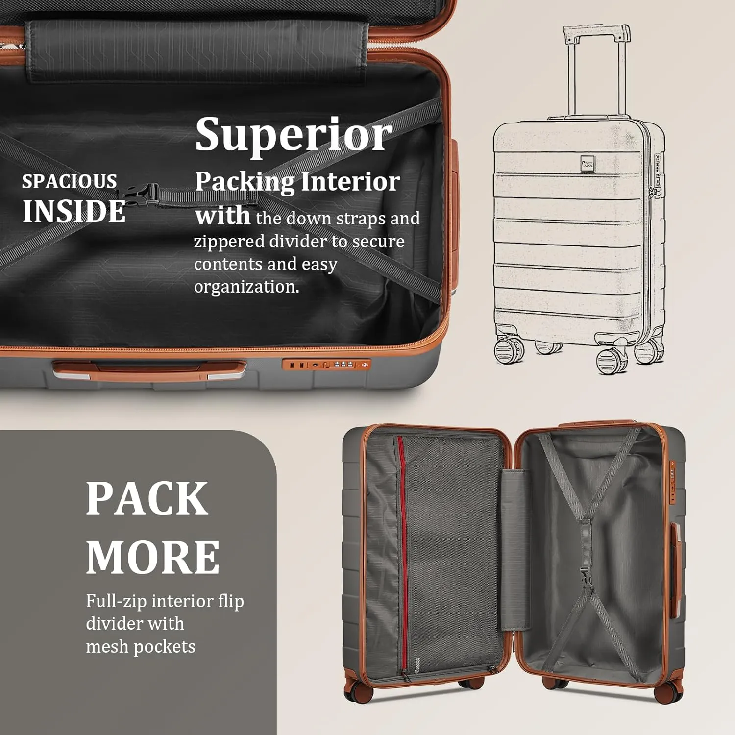 imiomo Hard Shell 20 Inch Carry on Luggage 3 Piece Set with Travel Backpack, Lightweight Hardside Carry-On Suitcase with Spinner Wheels and TSA Lock, Grey