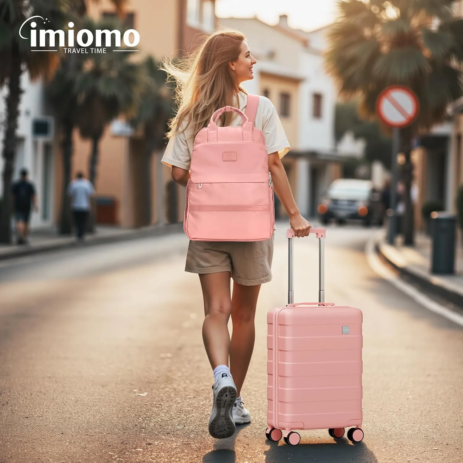 imiomo Hard Shell 20 Inch Carry on Luggage 3 Piece Set with Travel Backpack, Lightweight Hardside Carry-On Suitcase with Spinner Wheels and TSA Lock, Pink