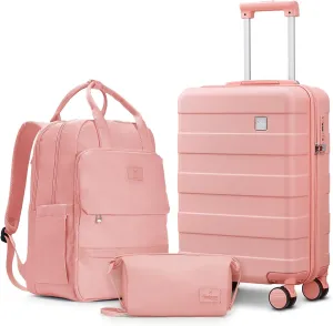 imiomo Hard Shell 20 Inch Carry on Luggage 3 Piece Set with Travel Backpack, Lightweight Hardside Carry-On Suitcase with Spinner Wheels and TSA Lock, Pink