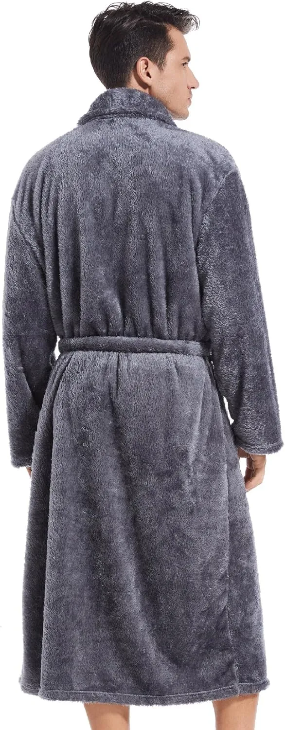 Inner Wish Mens Plush Fleece Robe, Cozy Warm Bathrobe Fuzzy Male Spa Long Robe With Pockets (DARK GREY)