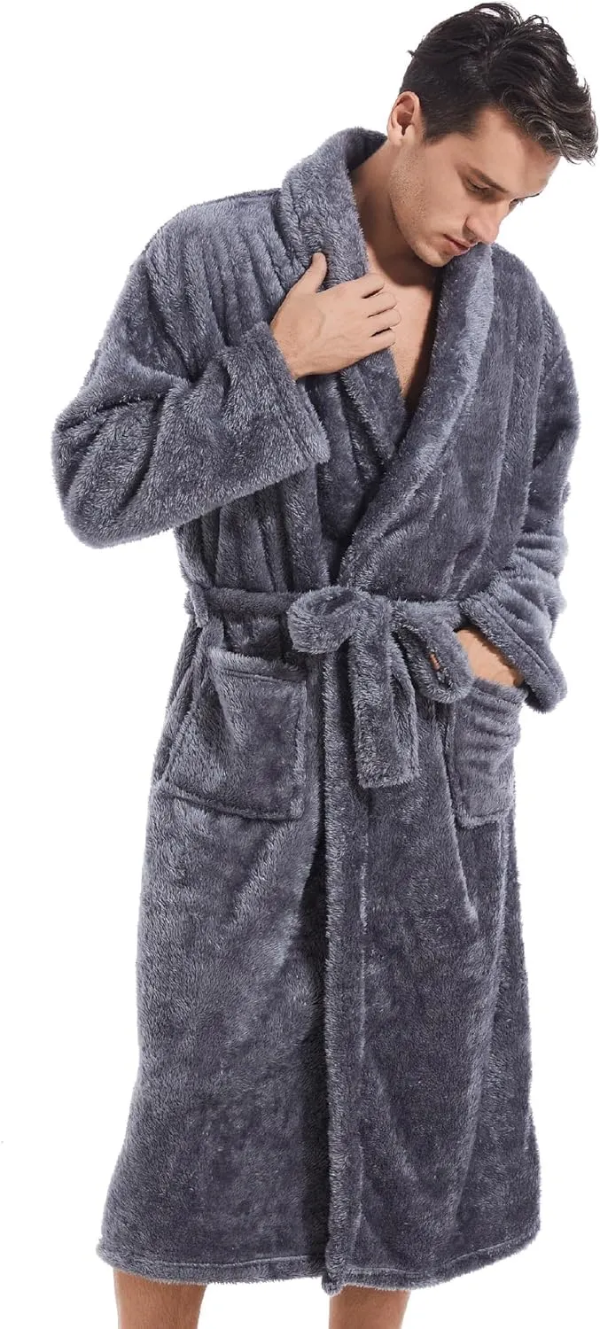 Inner Wish Mens Plush Fleece Robe, Cozy Warm Bathrobe Fuzzy Male Spa Long Robe With Pockets (DARK GREY)