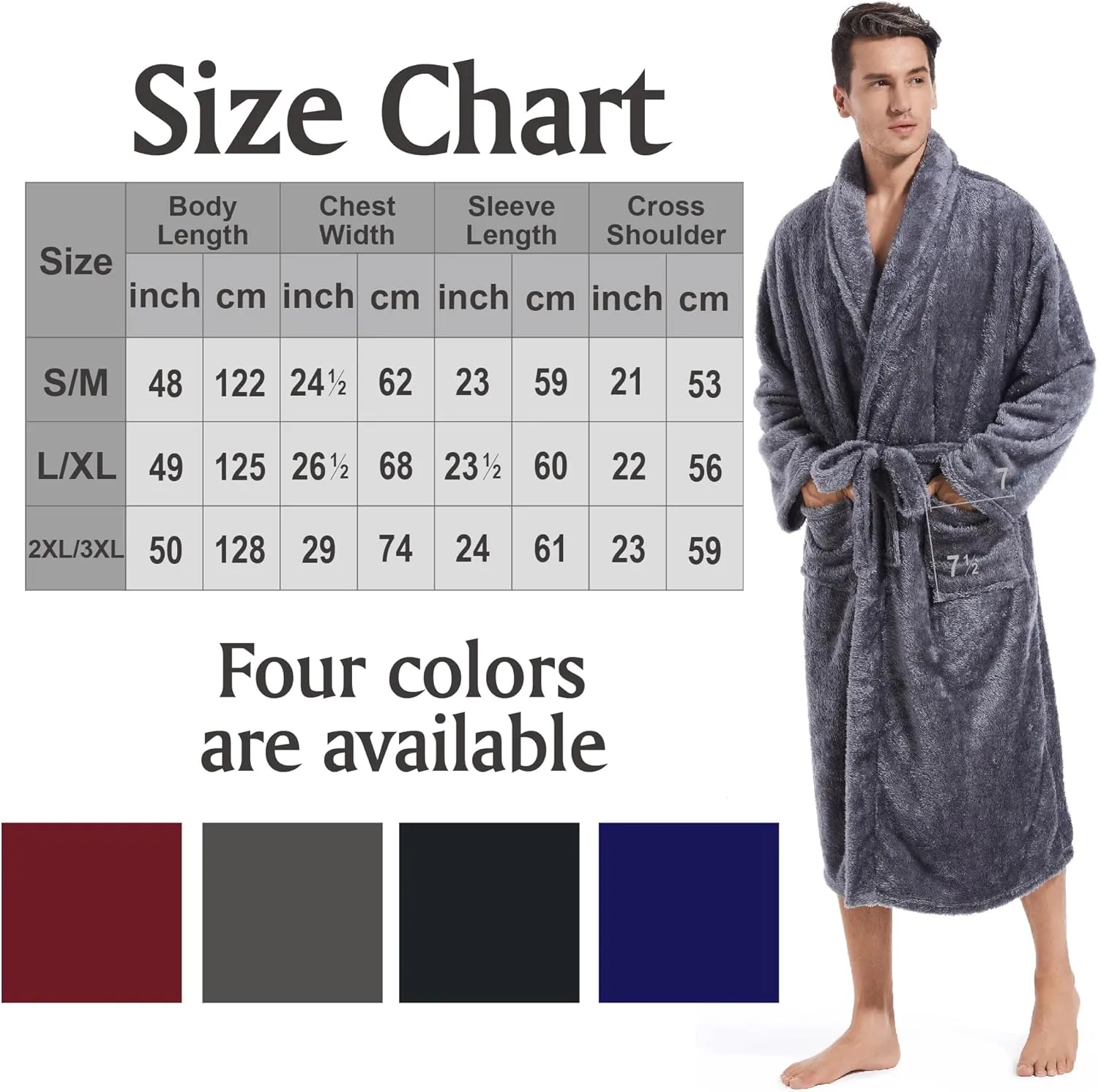 Inner Wish Mens Plush Fleece Robe, Cozy Warm Bathrobe Fuzzy Male Spa Long Robe With Pockets (DARK GREY)
