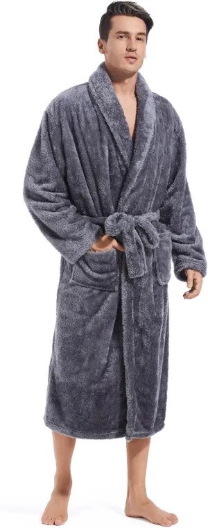 Inner Wish Mens Plush Fleece Robe, Cozy Warm Bathrobe Fuzzy Male Spa Long Robe With Pockets (DARK GREY)