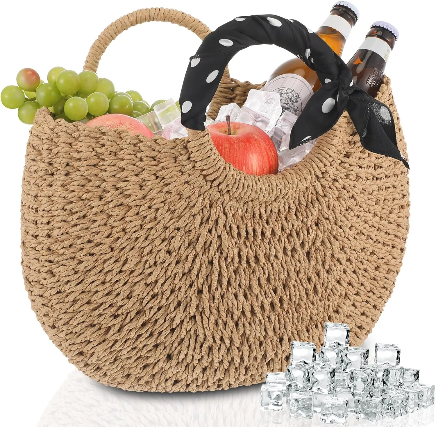 Insulated Beach Cooler Bag Straw Beach Bag for Women Leak Proof Portable Rattan Summer Pool Tote with Drawstring Closure Woven Basket Gift for Women Picnic Wedding Vacation
