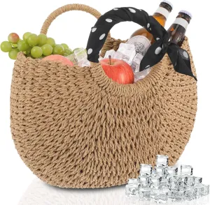 Insulated Beach Cooler Bag Straw Beach Bag for Women Leak Proof Portable Rattan Summer Pool Tote with Drawstring Closure Woven Basket Gift for Women Picnic Wedding Vacation