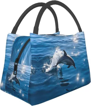 Insulated Lunch Bag for Men Women, Reusable Large Capacity Lunch Box, Leakproof Thermal Meal Cooler Handbags Tote Bag for Office Work Picnic, Ocean Cute Dolphin Leap Out