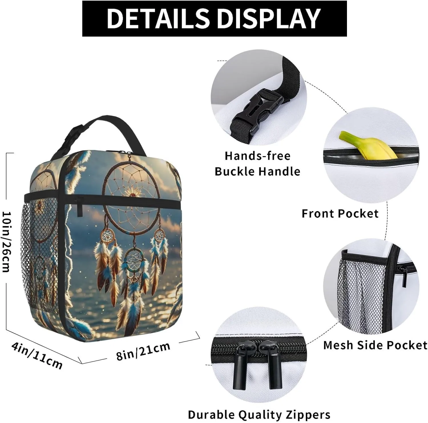 Insulated Lunch Bag for Women Men Portable Reusable Lunch Box Native American Dream Catcher Lunch Tote Bag for Work Picnic Travel