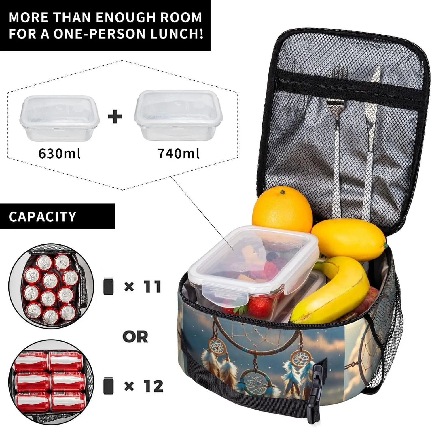 Insulated Lunch Bag for Women Men Portable Reusable Lunch Box Native American Dream Catcher Lunch Tote Bag for Work Picnic Travel