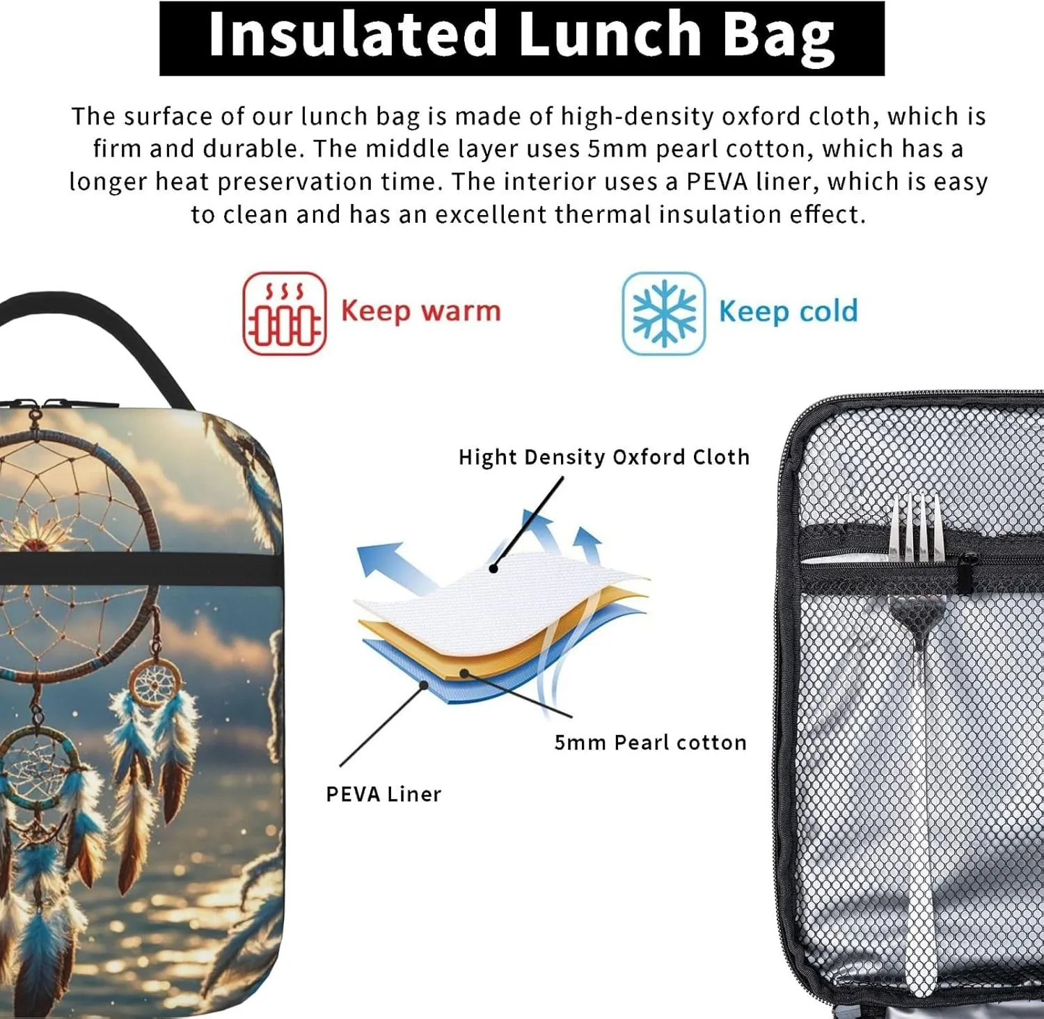 Insulated Lunch Bag for Women Men Portable Reusable Lunch Box Native American Dream Catcher Lunch Tote Bag for Work Picnic Travel