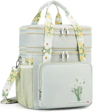 Insulated Lunch Bag for Women/Men, Dual Compartment Waterproof Reusable Large Lunch Box for Adlut Wide-Open Tote Cooler Bag For Working Picnic Hiking (16L, Green-Flowers)