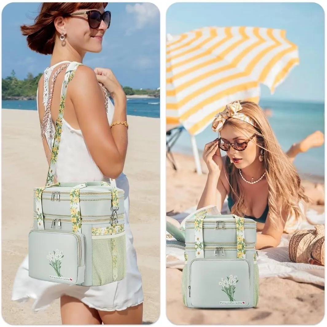 Insulated Lunch Bag for Women/Men, Dual Compartment Waterproof Reusable Large Lunch Box for Adlut Wide-Open Tote Cooler Bag For Working Picnic Hiking (16L, Green-Flowers)