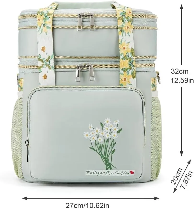 Insulated Lunch Bag for Women/Men, Dual Compartment Waterproof Reusable Large Lunch Box for Adlut Wide-Open Tote Cooler Bag For Working Picnic Hiking (16L, Green-Flowers)