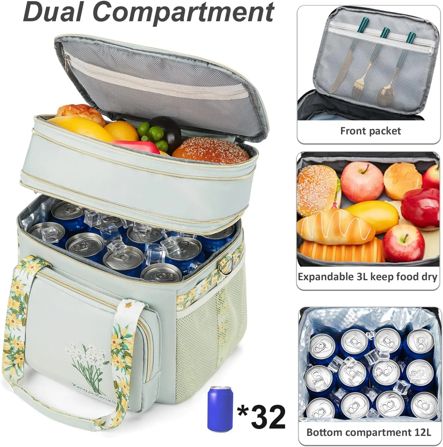 Insulated Lunch Bag for Women/Men, Dual Compartment Waterproof Reusable Large Lunch Box for Adlut Wide-Open Tote Cooler Bag For Working Picnic Hiking (16L, Green-Flowers)