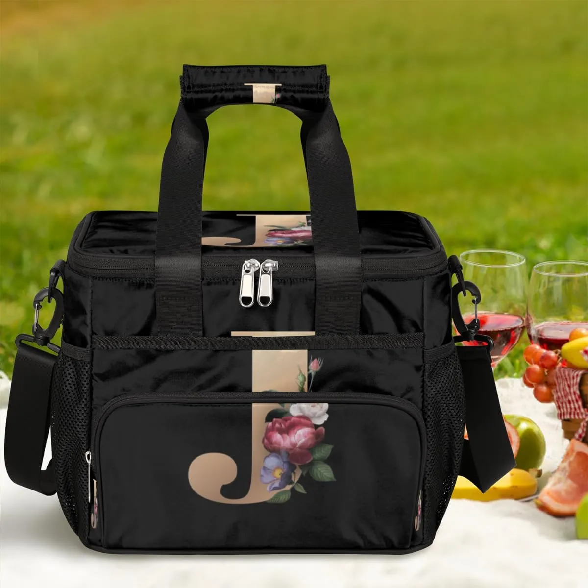 Insulated Lunch Bags for Women Men Creative J Letters Flowers Adult Large Reusable Cooler Tote Bag with Adjustable Shoulder Strap Lunch Box for Office, Picnic, Hiking, Beach