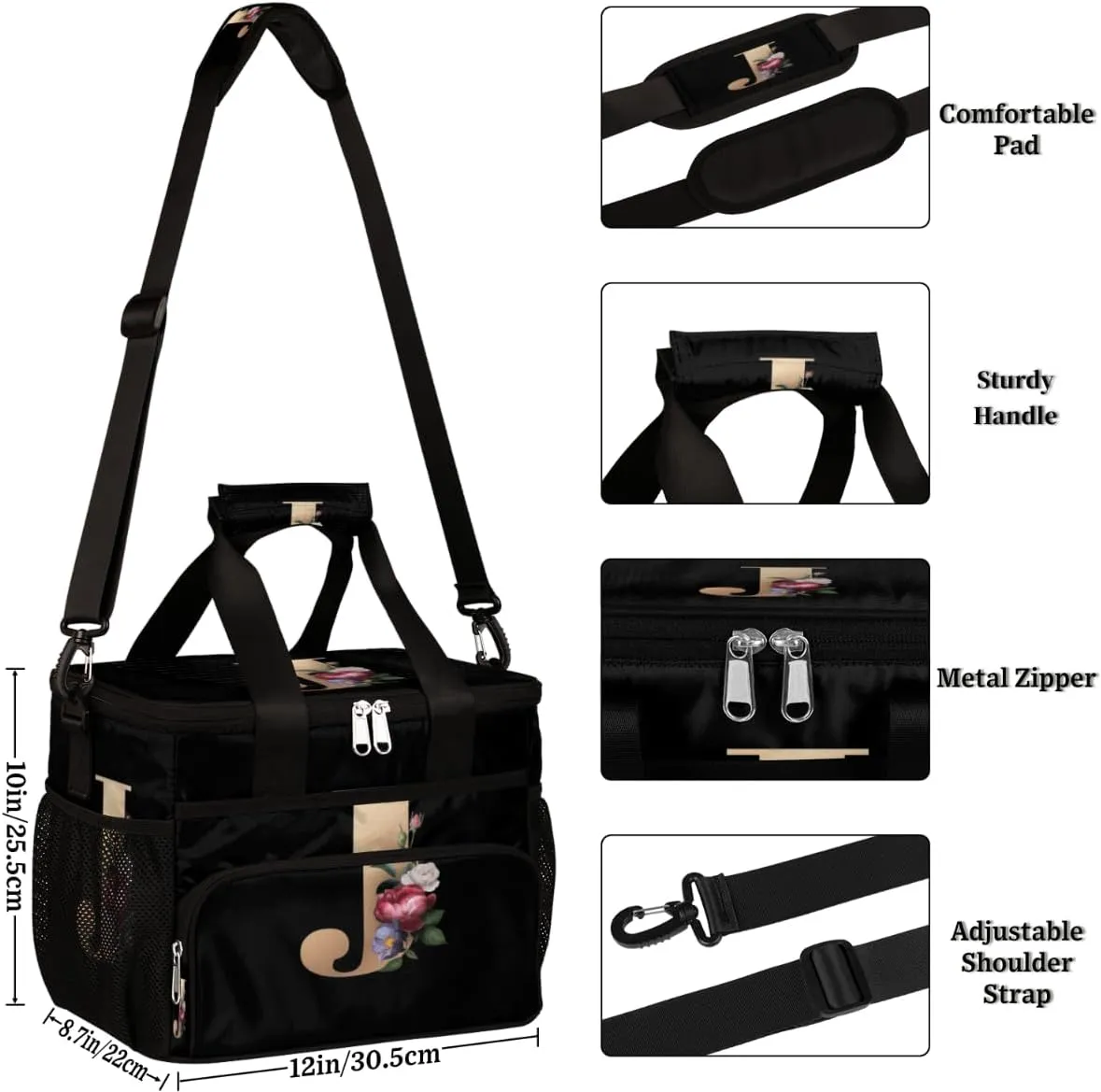 Insulated Lunch Bags for Women Men Creative J Letters Flowers Adult Large Reusable Cooler Tote Bag with Adjustable Shoulder Strap Lunch Box for Office, Picnic, Hiking, Beach