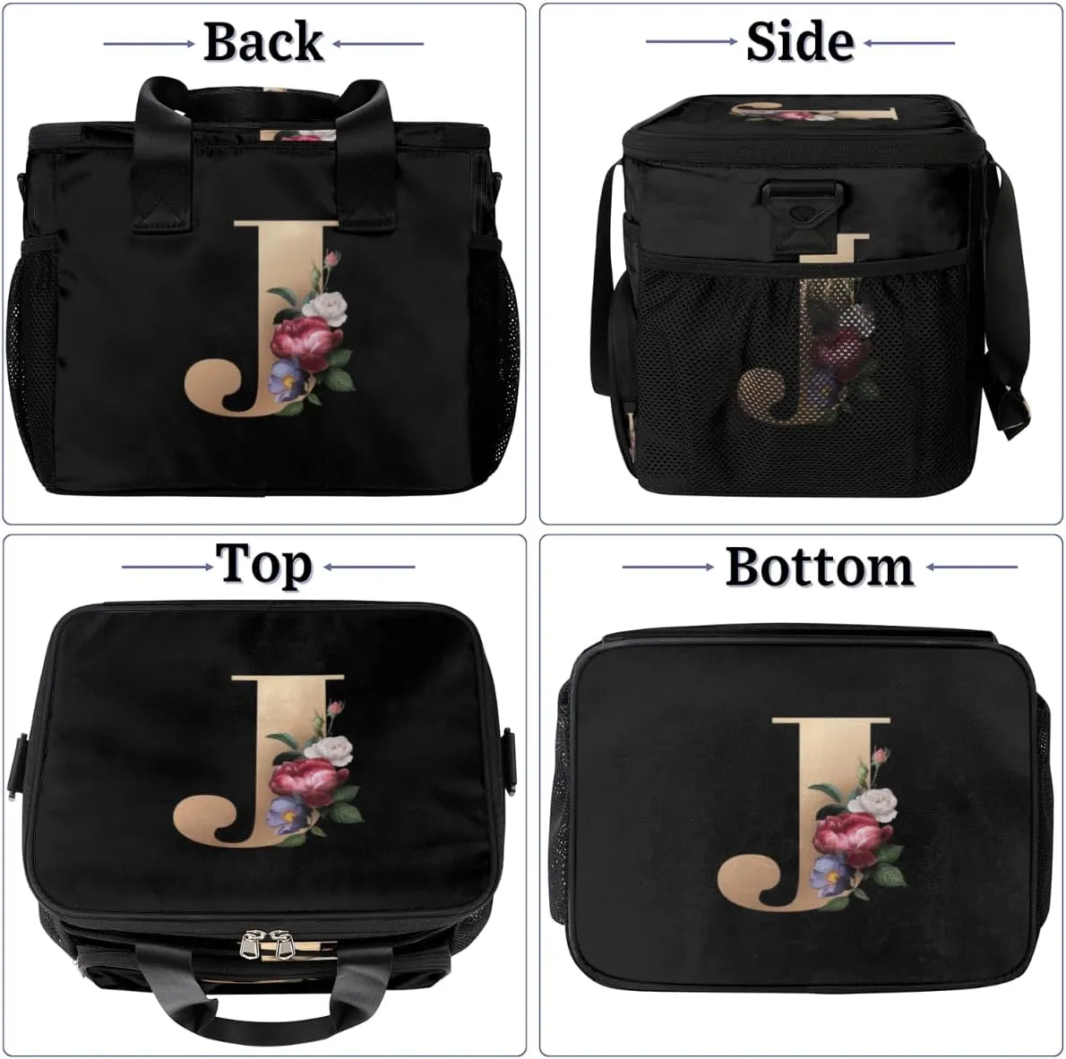 Insulated Lunch Bags for Women Men Creative J Letters Flowers Adult Large Reusable Cooler Tote Bag with Adjustable Shoulder Strap Lunch Box for Office, Picnic, Hiking, Beach