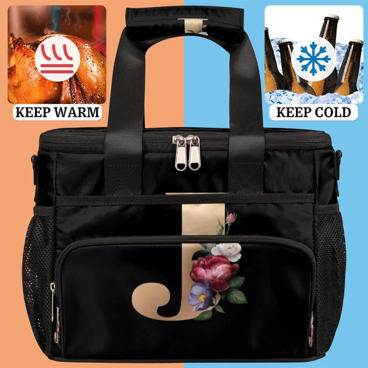 Insulated Lunch Bags for Women Men Creative J Letters Flowers Adult Large Reusable Cooler Tote Bag with Adjustable Shoulder Strap Lunch Box for Office, Picnic, Hiking, Beach