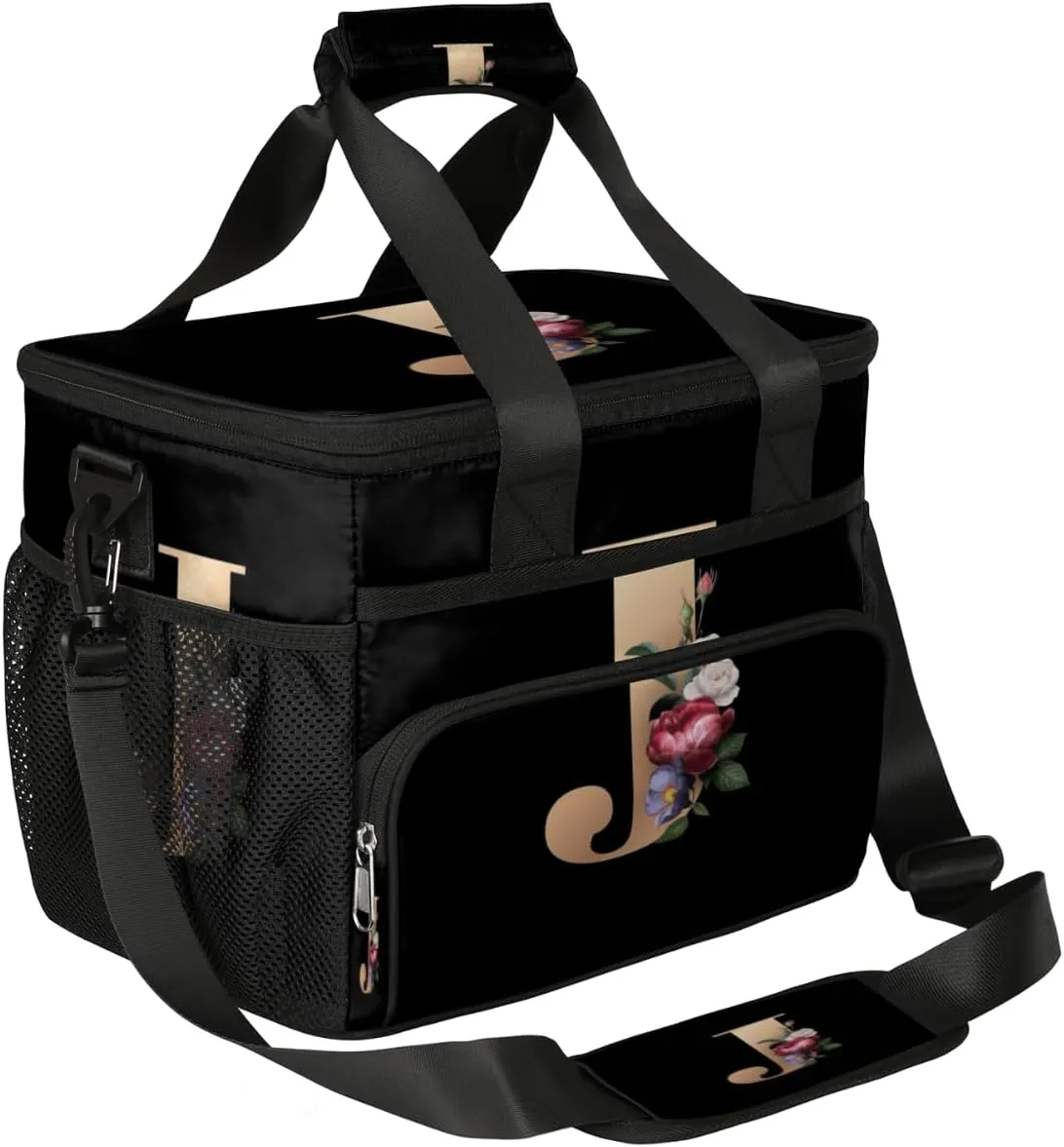 Insulated Lunch Bags for Women Men Creative J Letters Flowers Adult Large Reusable Cooler Tote Bag with Adjustable Shoulder Strap Lunch Box for Office, Picnic, Hiking, Beach