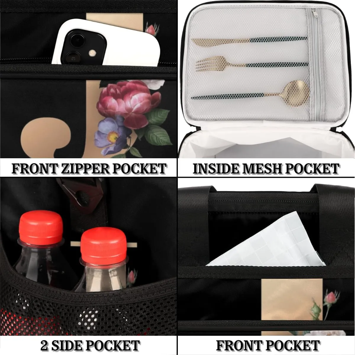 Insulated Lunch Bags for Women Men Creative J Letters Flowers Adult Large Reusable Cooler Tote Bag with Adjustable Shoulder Strap Lunch Box for Office, Picnic, Hiking, Beach