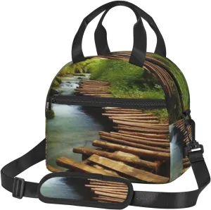 Insulated Lunch Bags for Women Men Reusable Lunch Box with Adjustable Shoulder Strap Wooden Bridge Stream Water Cooler Bag Large Lunch Tote Bag Leakproof Lunchbox for Office Travel