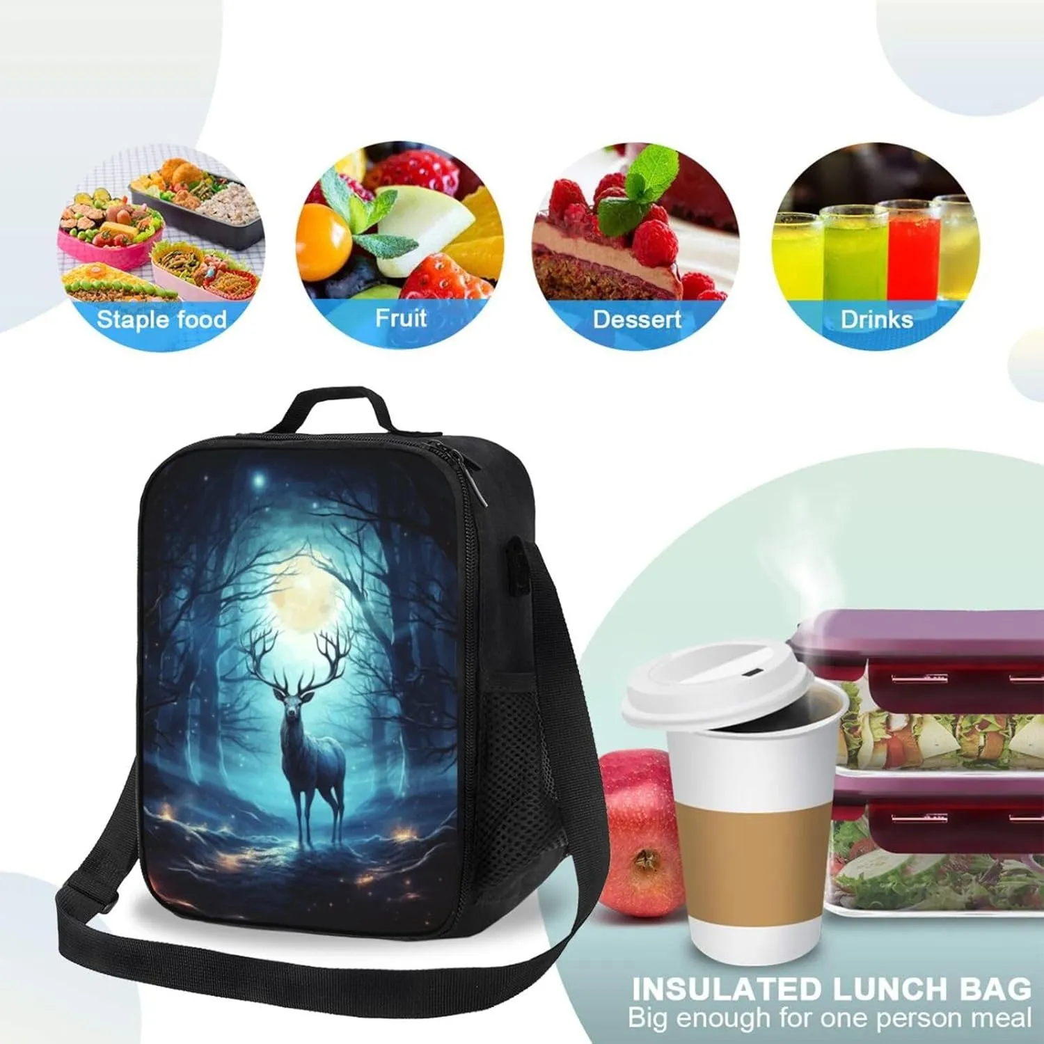 Insulated Lunch box for Men Women Reusable Lunch Bag Moonlight deer Cooler Tote Bags for Work Picnic
