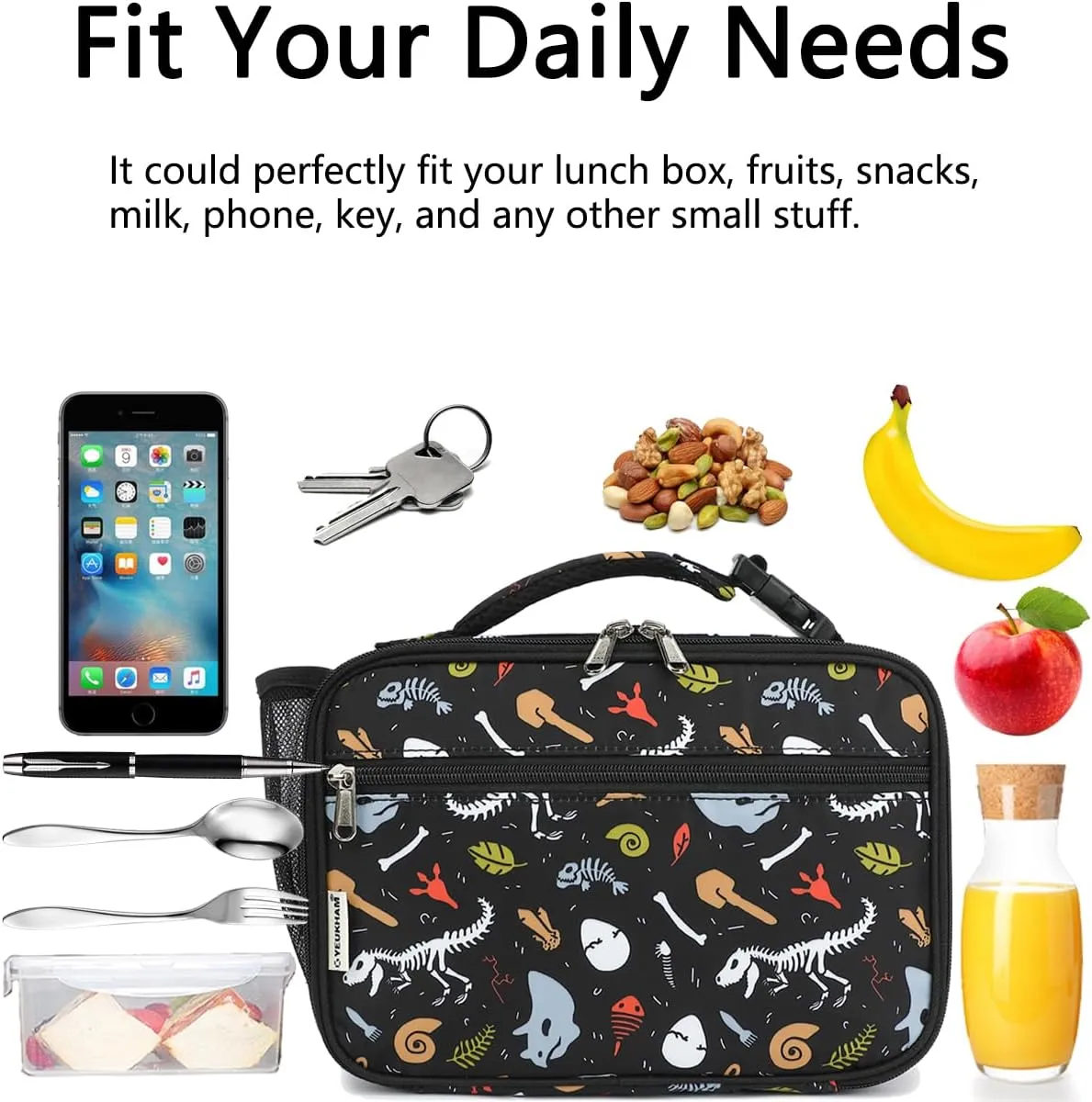 Insulated Lunch Box for School, Thermal Reusable Durable Freezable Lunch Bags for Kids Boys Girls Men Women - Small Soft Cooler Portable Lunch Tote Kit for Work Picnic Travel,Dinosaur Fossil
