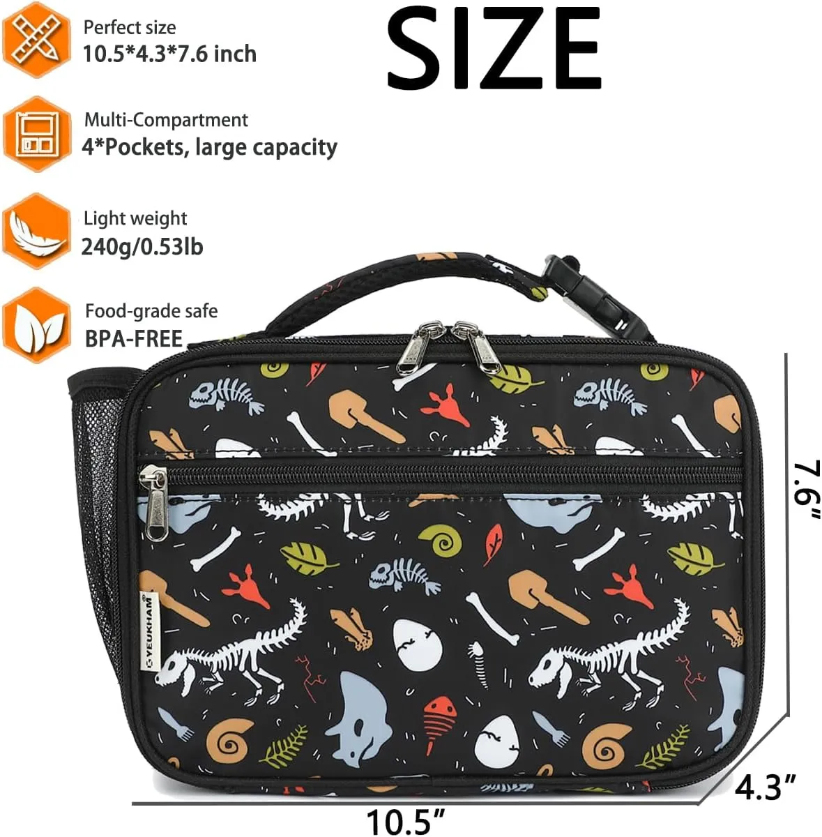 Insulated Lunch Box for School, Thermal Reusable Durable Freezable Lunch Bags for Kids Boys Girls Men Women - Small Soft Cooler Portable Lunch Tote Kit for Work Picnic Travel,Dinosaur Fossil