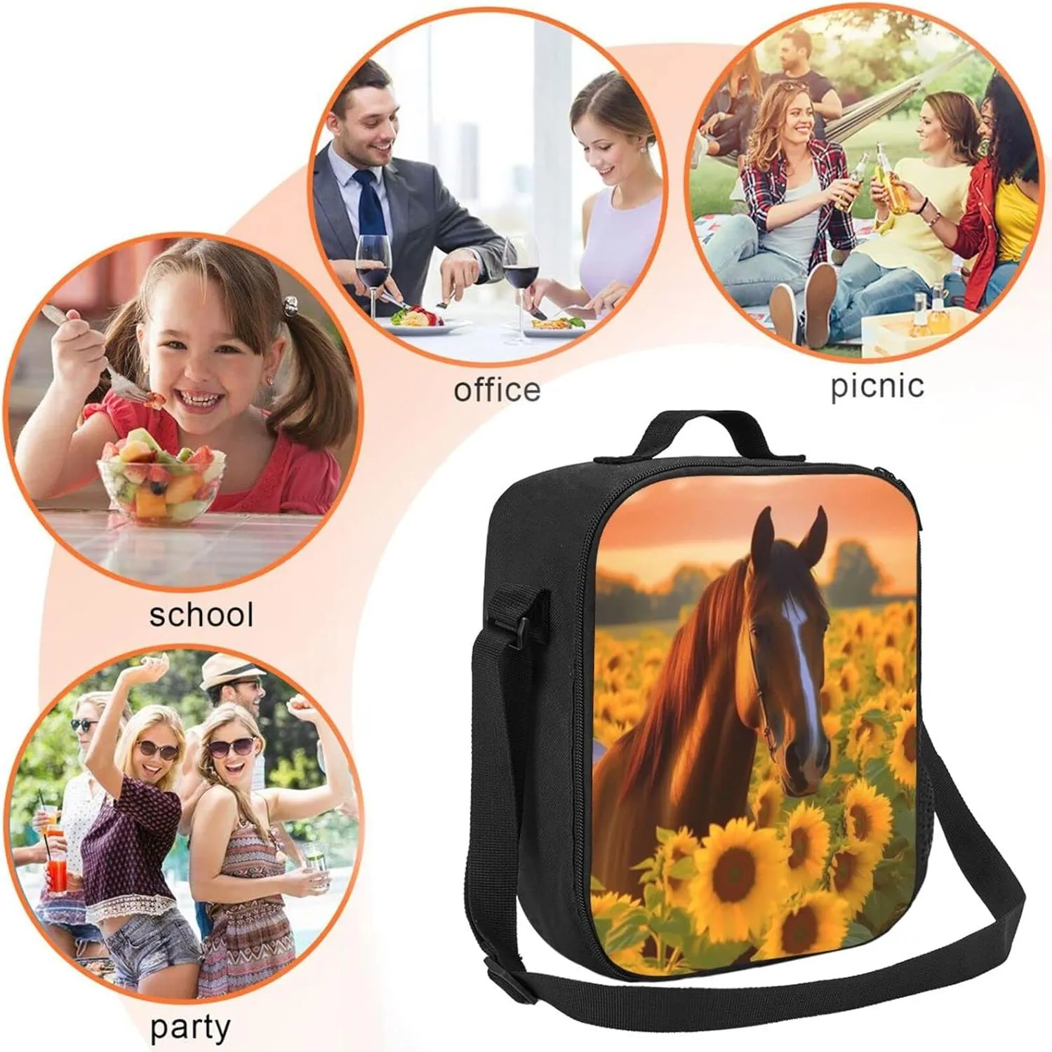Insulated Lunch Box Horse Lunch Bag for Women & Men Small Leakproof Cooler Food Lunch Containers Reusable Large Capacity Lunch Tote Bags with Shoulder Strap for Work Travel Picnic