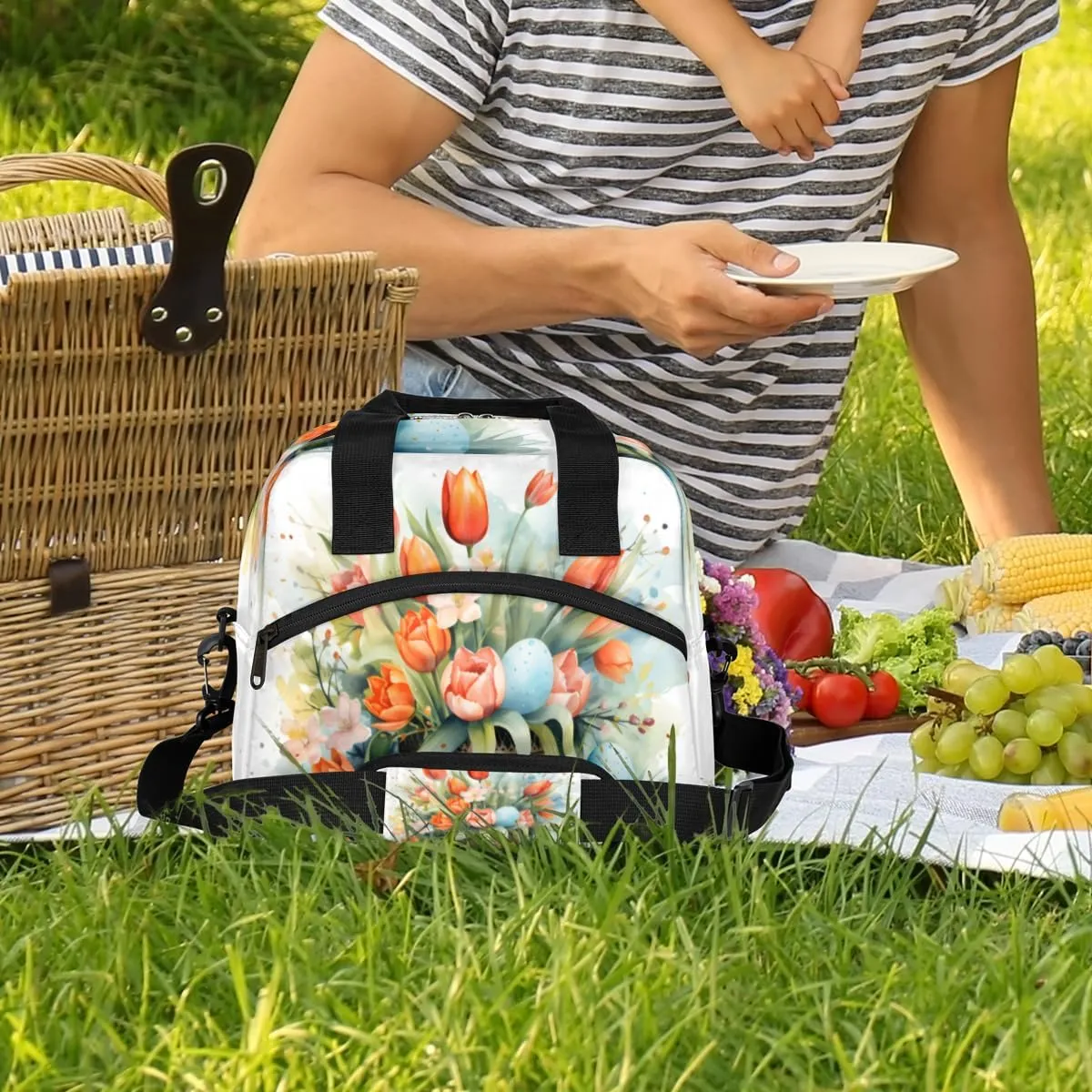 Insulated Lunch Tote Bag for Women Men, Tulips Floral Portable Lunch Box for Adults, Reusable Lunch Tote Bag for Work Picnic Travel, Cooler Tote Bag Tulips Flower Bed