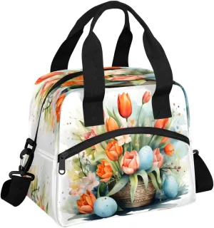 Insulated Lunch Tote Bag for Women Men, Tulips Floral Portable Lunch Box for Adults, Reusable Lunch Tote Bag for Work Picnic Travel, Cooler Tote Bag Tulips Flower Bed