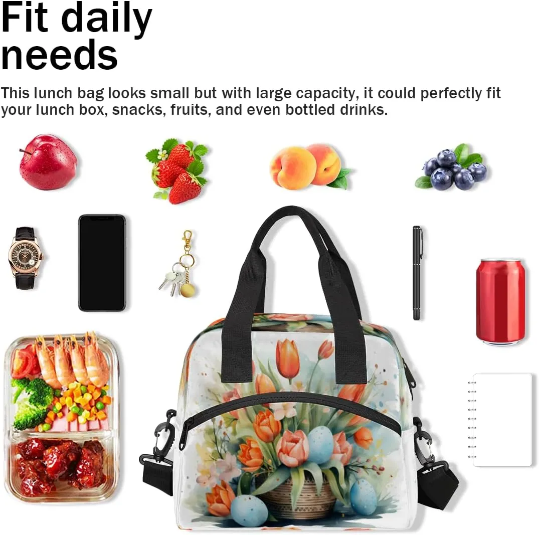 Insulated Lunch Tote Bag for Women Men, Tulips Floral Portable Lunch Box for Adults, Reusable Lunch Tote Bag for Work Picnic Travel, Cooler Tote Bag Tulips Flower Bed