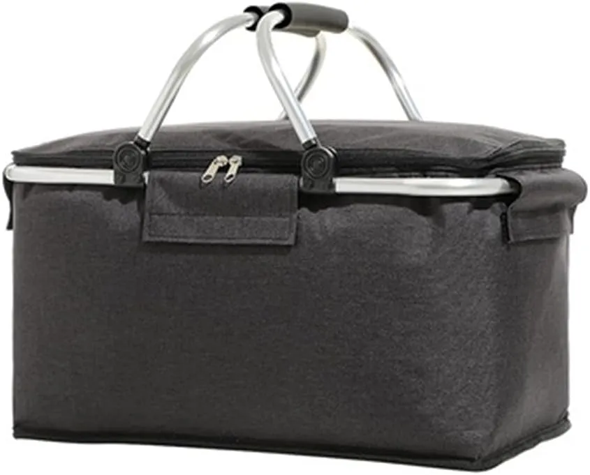 Insulated Picnic Basket 30L Foldable Insulated Grocery Picnic Set and Travel Shopping Bag,Strong Aluminum Frame Waterproof Lining Collapsible Design for Easy Storage Take it Camping (Black)