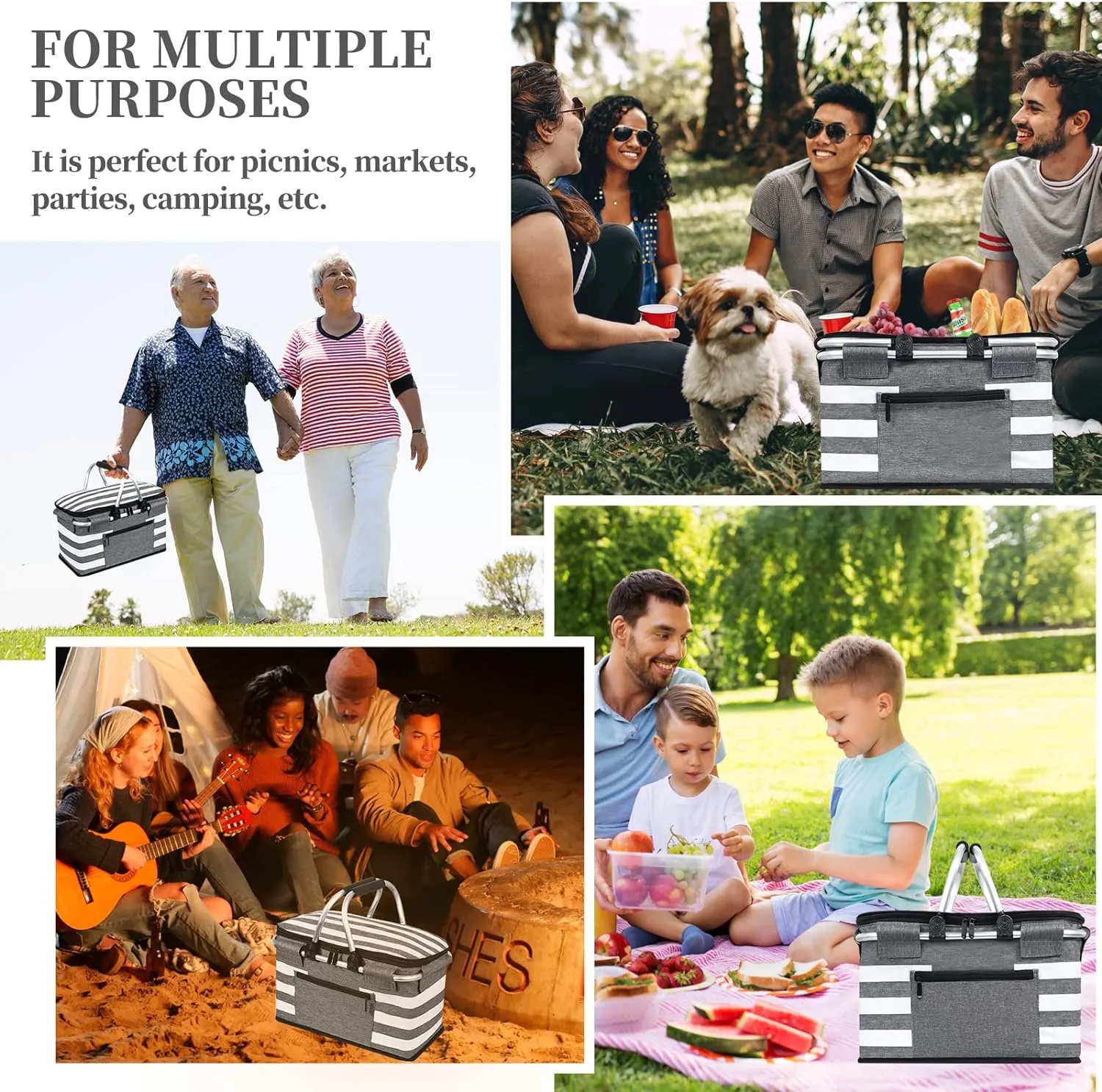 Insulated Picnic Basket,Leak-Proof Collapsible Cooler Bag,26L Grocery Basket with Lid,2 Sturdy Handles,Storage Basket for Picnic,Food Delivery,Take Outs,Market Shopping,Travel (Gray)