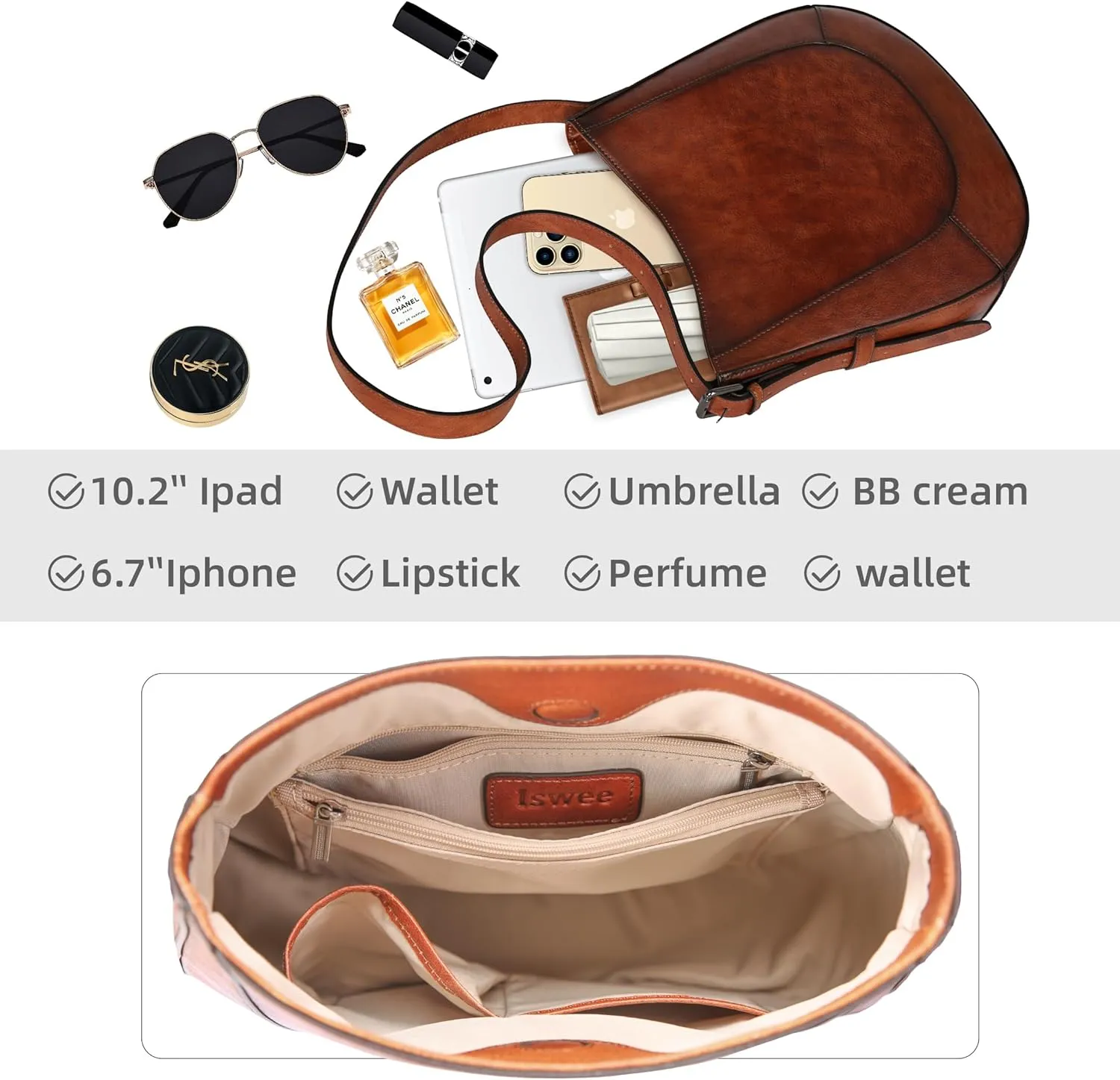 Iswee Leather Purses for Women Hobo Bags Designer Crossbody Bag Vintage Women’s Shoulder Handbags Work Purse