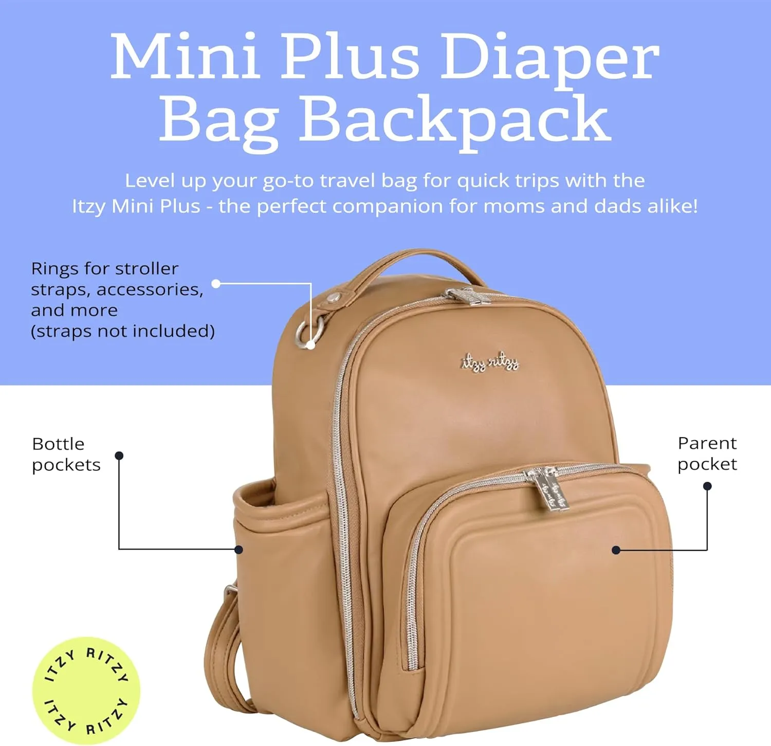 Itzy Ritzy Mini Diaper Bag Backpack – Chic, Compact Mini Plus Backpack with Changing Pad, 10 Pockets (6 Internal, 4 External), Grab-Top Handle & Rubber Feet (Chai)