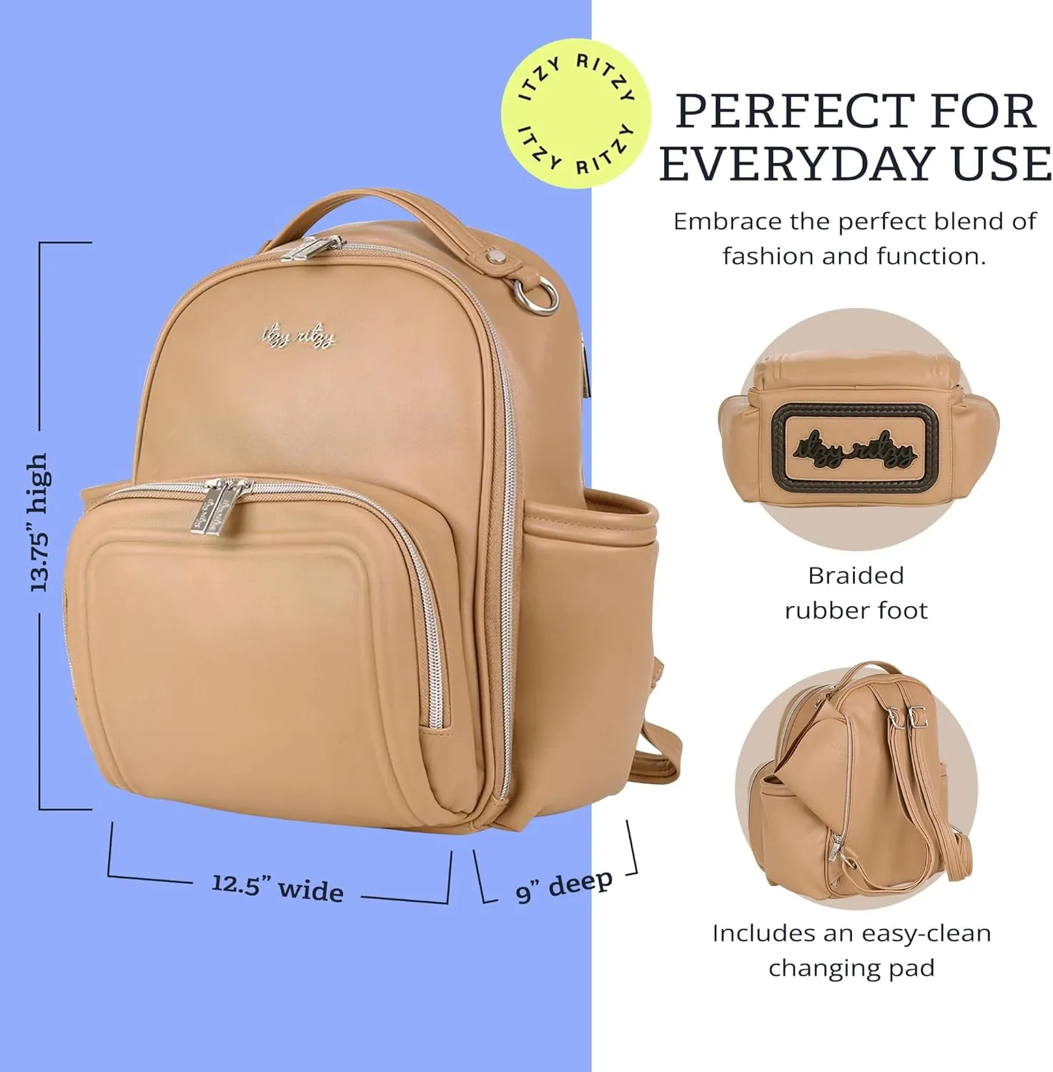 Itzy Ritzy Mini Diaper Bag Backpack – Chic, Compact Mini Plus Backpack with Changing Pad, 10 Pockets (6 Internal, 4 External), Grab-Top Handle & Rubber Feet (Chai)