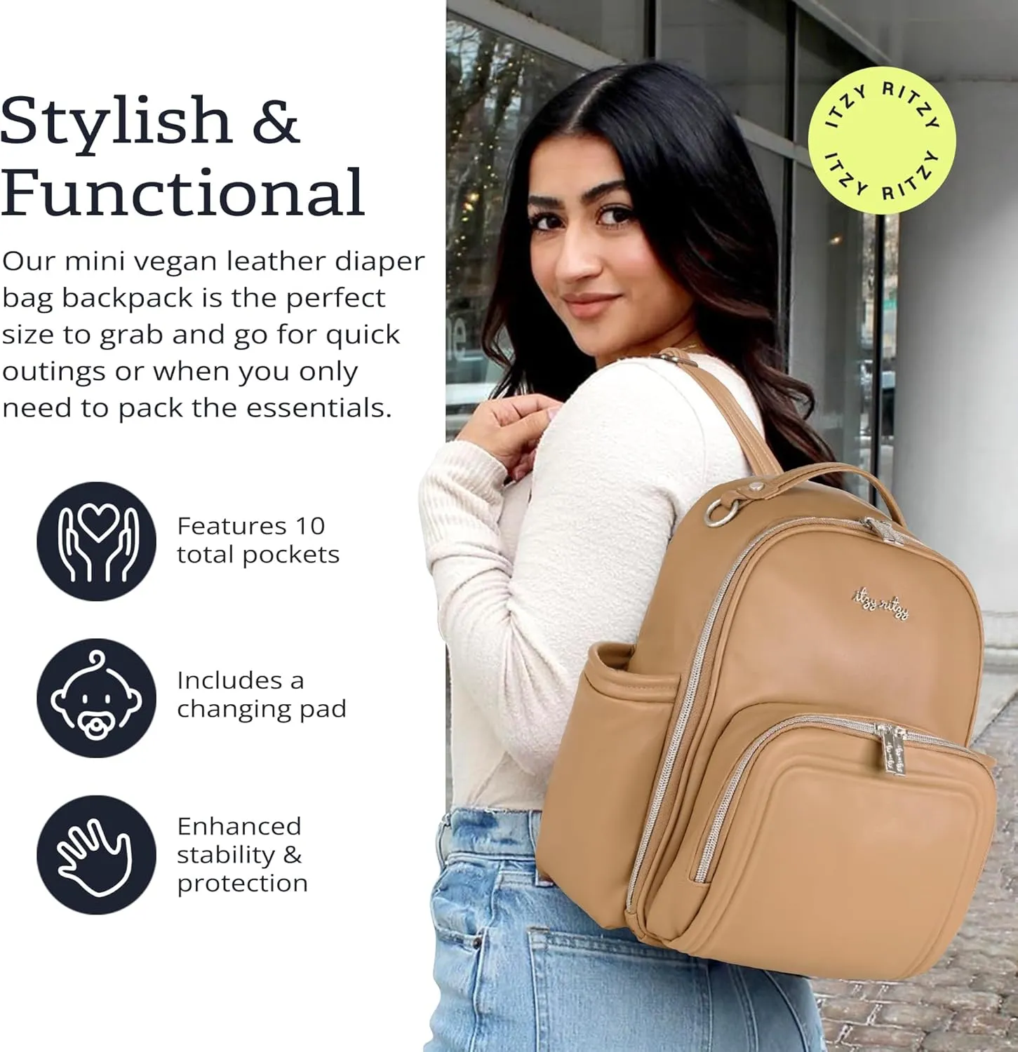 Itzy Ritzy Mini Diaper Bag Backpack – Chic, Compact Mini Plus Backpack with Changing Pad, 10 Pockets (6 Internal, 4 External), Grab-Top Handle & Rubber Feet (Chai)