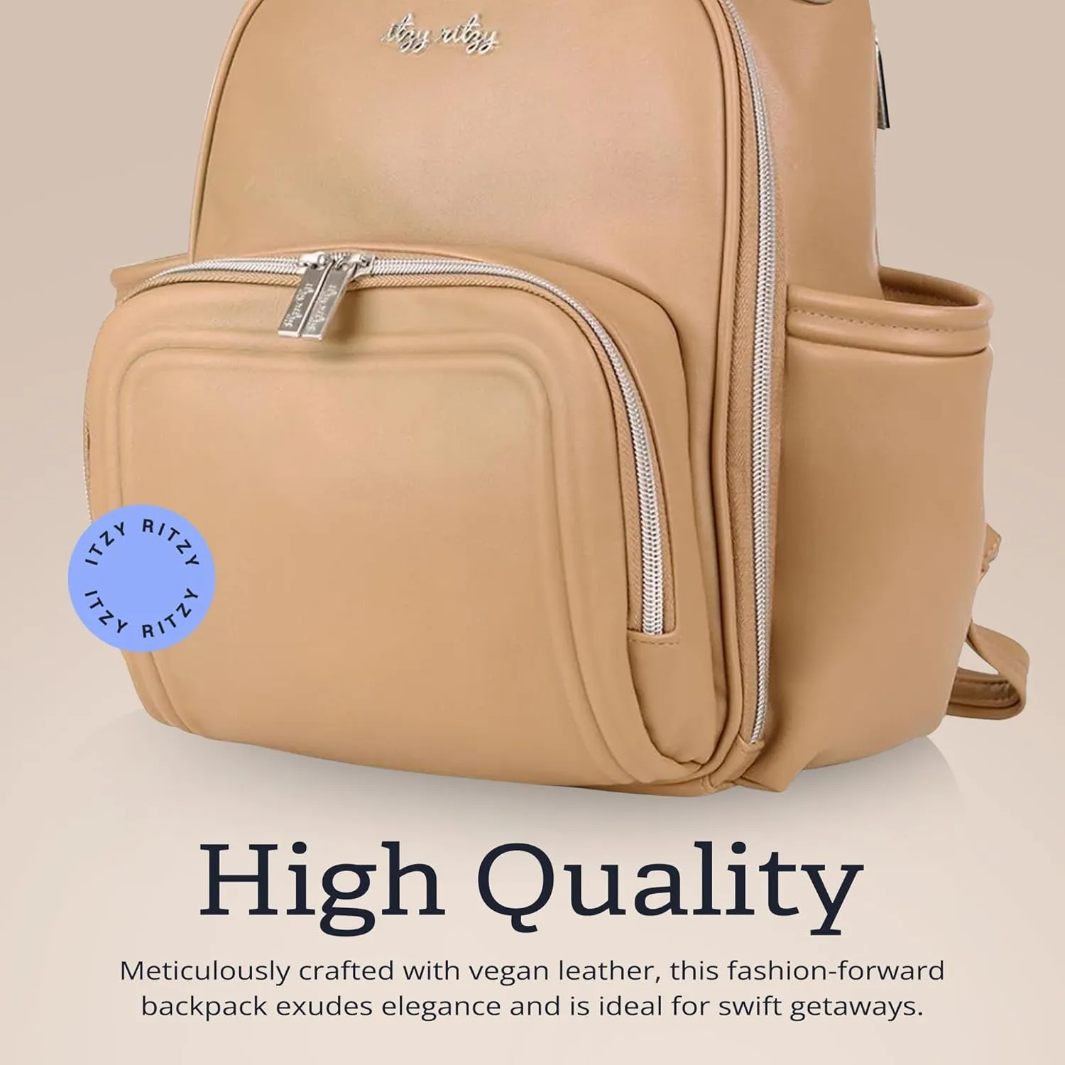 Itzy Ritzy Mini Diaper Bag Backpack – Chic, Compact Mini Plus Backpack with Changing Pad, 10 Pockets (6 Internal, 4 External), Grab-Top Handle & Rubber Feet (Chai)