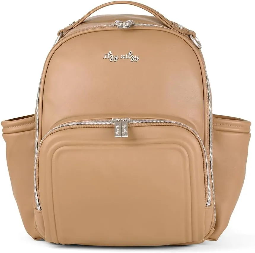 Itzy Ritzy Mini Diaper Bag Backpack – Chic, Compact Mini Plus Backpack with Changing Pad, 10 Pockets (6 Internal, 4 External), Grab-Top Handle & Rubber Feet (Chai)