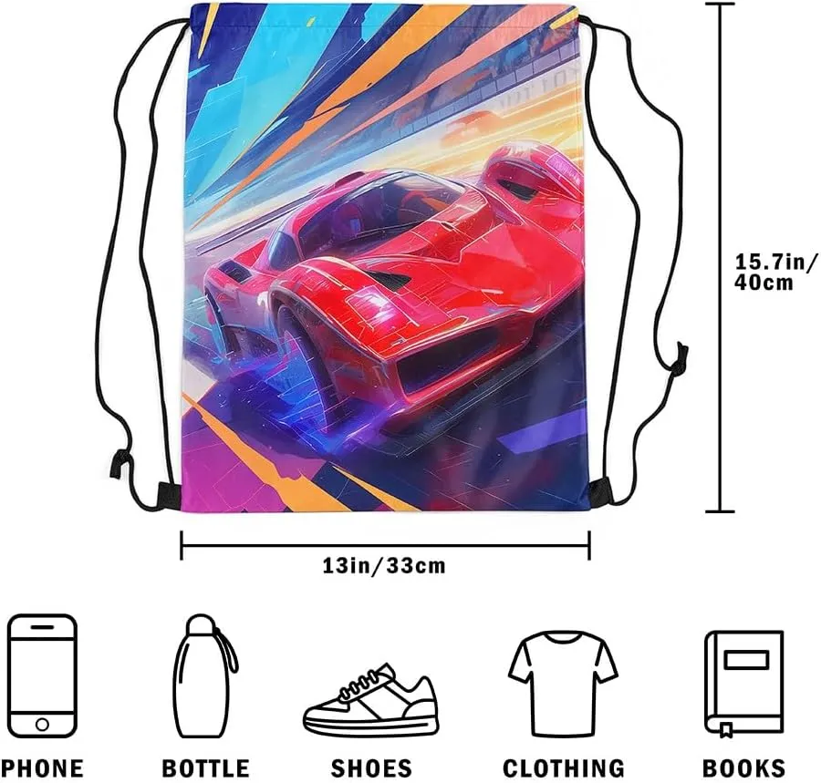 jejeloiu Race Car Drawstring Backpack 13"x15.7" Speed Sports Car Drawstring Bags Racing Car Drawstring Backpack Extreme Sports Waterproof Cinch Bag