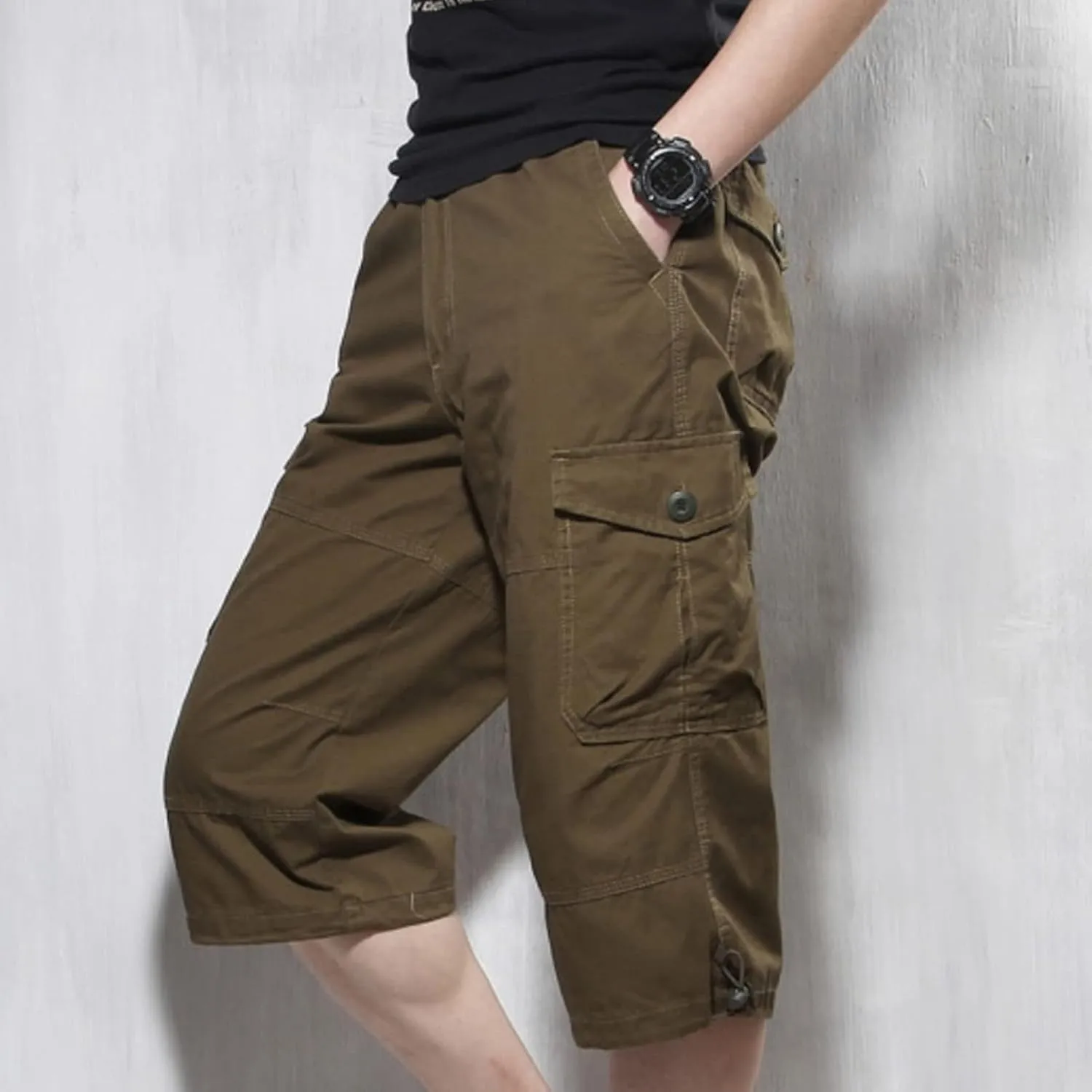 JEKE-DG Men's 3/4 Capri Shorts Below Knee Casual Pants Workout Multi-Pocket Long Shorts