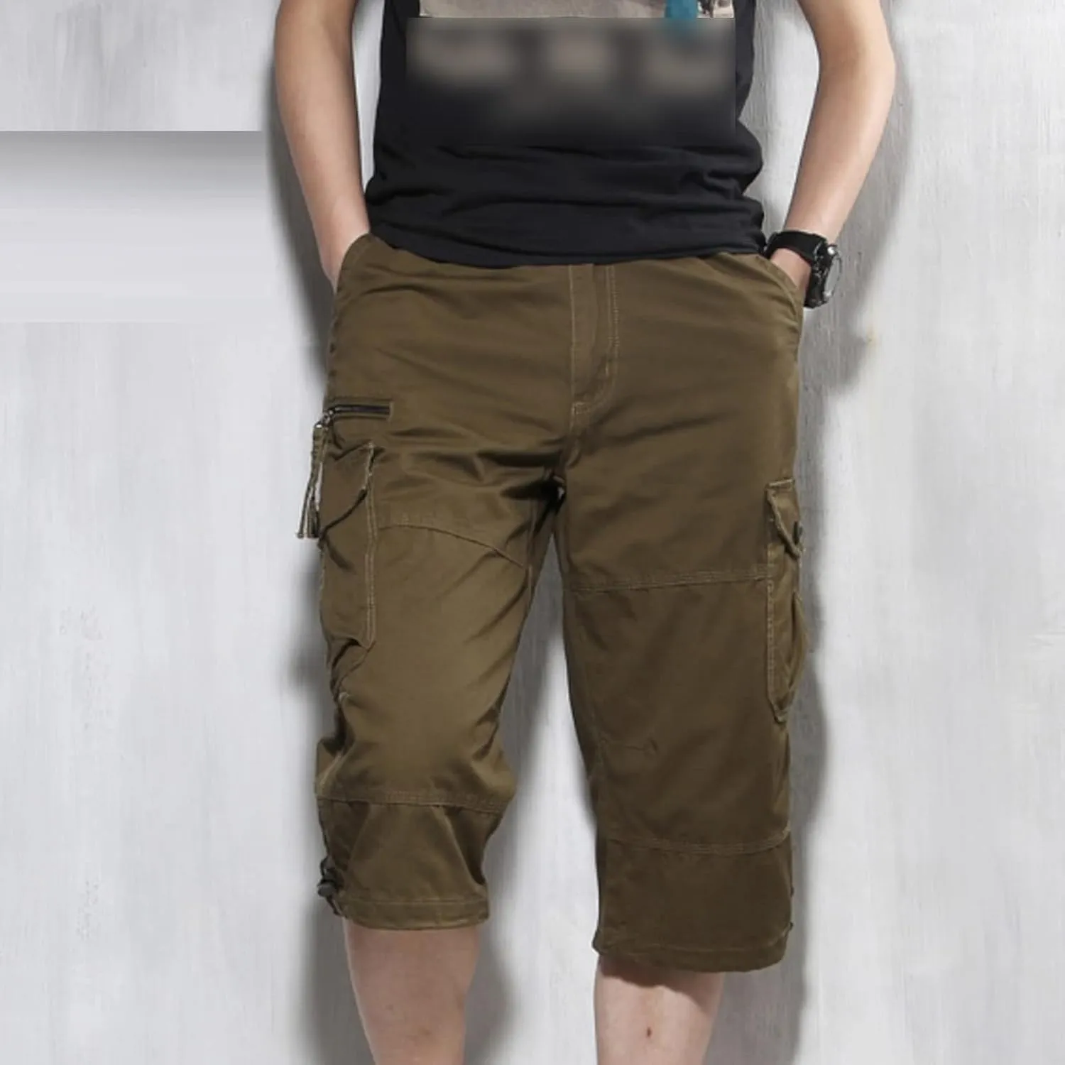 JEKE-DG Men's 3/4 Capri Shorts Below Knee Casual Pants Workout Multi-Pocket Long Shorts